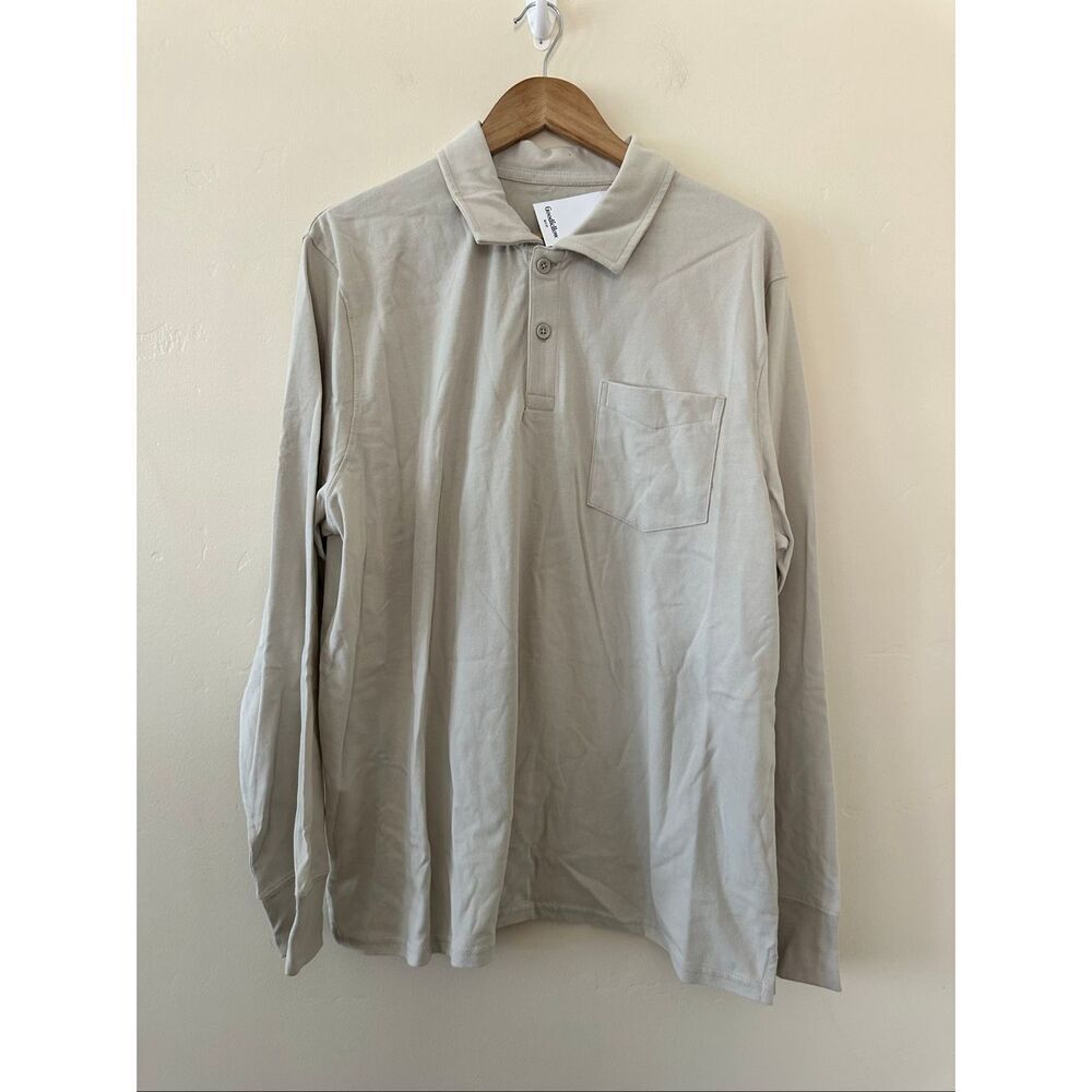 🌊 Goodfellow Men’s Beige Long Sleeve Casual Polo Shirt Size XL New